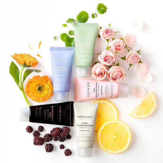 MARY & MAY - VEGAN WASH OFF MASK MINI GIFT SET 5 PCS (Coffret découverte de 5 masques)